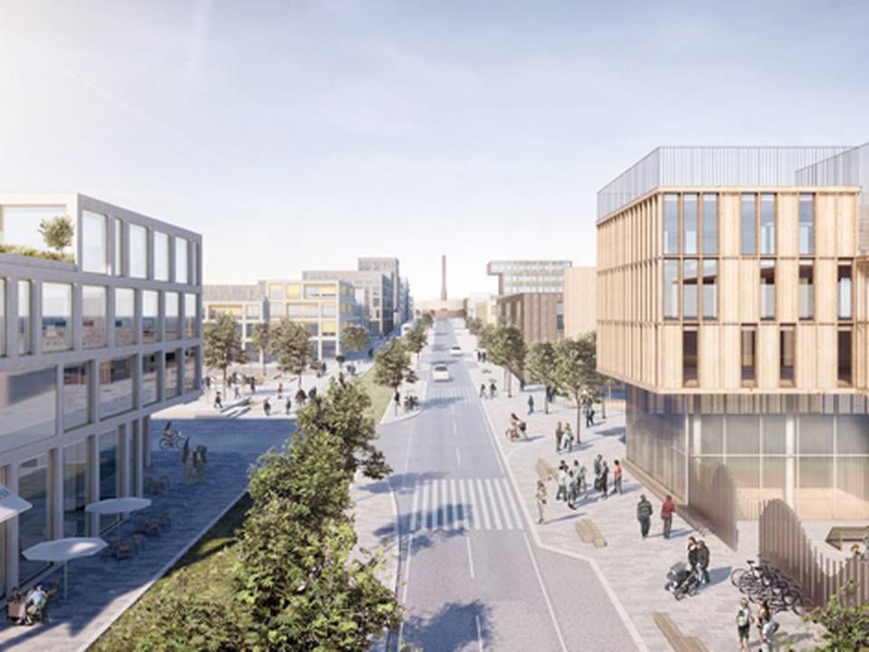 Brabrand Boligforening har lavet en ny forvandlingsplan for Gellerup. Her Karen Blixens Boulevard bl.a. med en ny skole (th.). | Foto: Visualisering, WE Architecture/JAJA Architects.