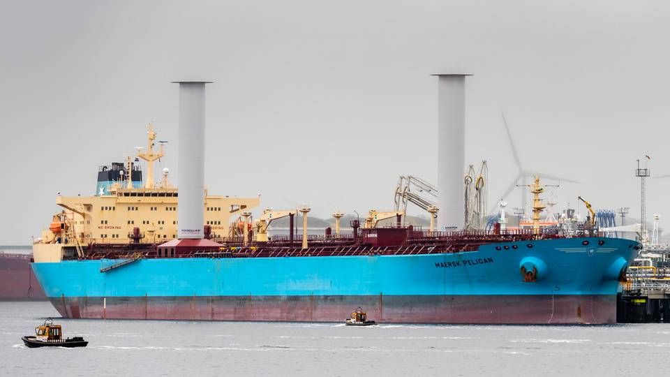 In August, Maersk Pelican was fitted with two 30 meter tall rotor sails. The ship is currently conducting an eight month test period. | Photo: Norsepower