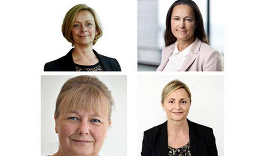 Fra øverst til venstre: Helle Snedker, Formuepleje, Malene Ehrenskjöld, BankInvest, Helle Huus-Pedersen, PKA og Mie Peters, PFA