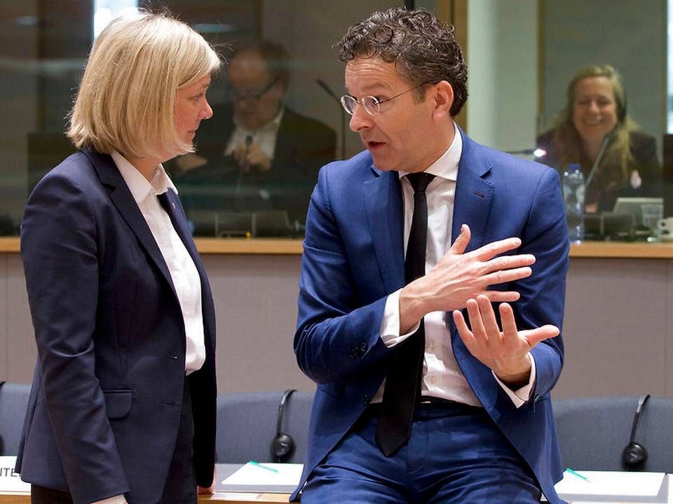 Sveriges finansminister Magdalena Andersson og Hollands finansminister Jeroen Dijsselbloem var begge til stede til mødet mandag aften. Tirsdag mødtes de så igen med alle EU's finansministre. | Foto: Foto: Ritzau Scanpix/AP/Virginia Mayo