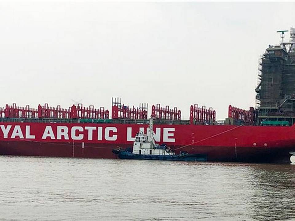 Konstruktionen af de tre nye containerskibe, som Eimskip og Royal Arctic Line har bestilt, er i fuld gang i Kina. Her ses skibet, det grønlandske rederi har bestilt. Foto: RAL | Foto: Royal Arctic Line
