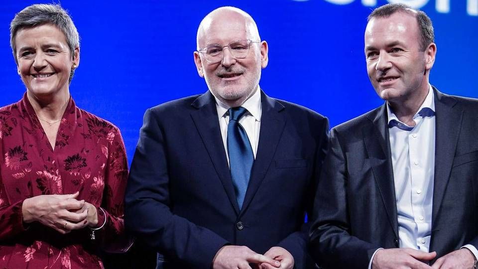 Kandidaterne til posten som EU-præsident. Fra venstre Margrethe Vestager, Frans Timmermans og Manfred Weber. | Foto: Aris Oikonomou / AFP/Ritzau Scanpix