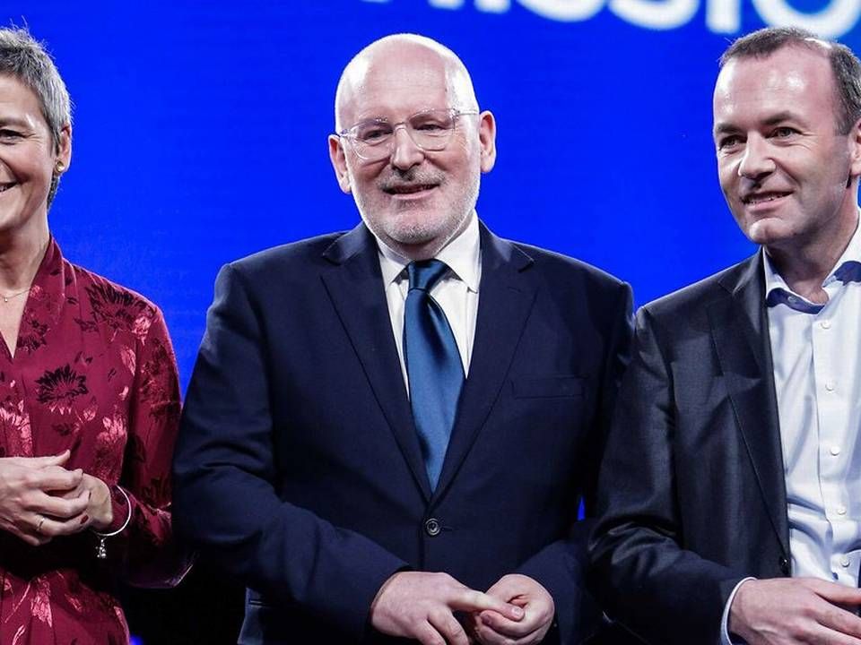 Kandidaterne til posten som EU-præsident. Fra venstre Margrethe Vestager, Frans Timmermans og Manfred Weber. | Foto: Aris Oikonomou / AFP/Ritzau Scanpix