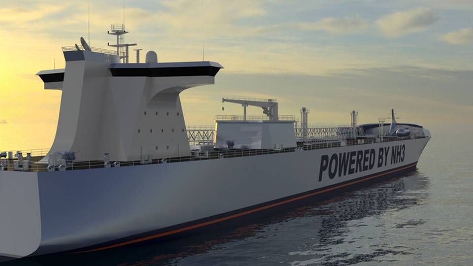 Modelfoto over et kemikalietankskib, som sejler på den ammoniak, skibet fragter. | Foto: PR-foto leveret af C-Job Naval Architects
