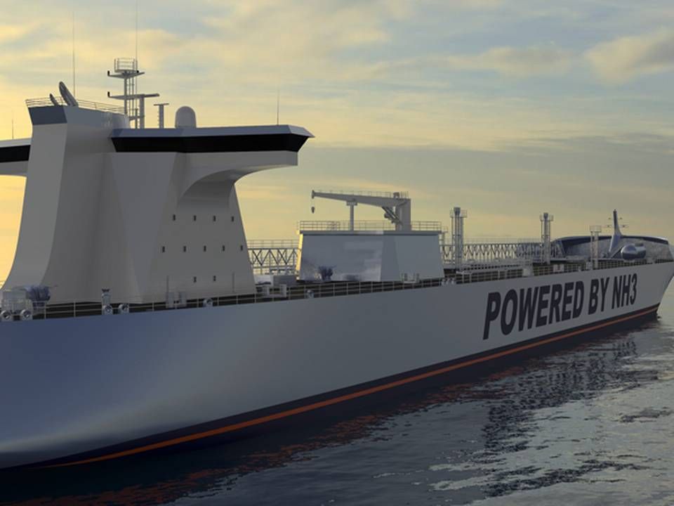 Modelfoto over et kemikalietankskib, som sejler på den ammoniak, skibet fragter. | Foto: PR-foto leveret af C-Job Naval Architects