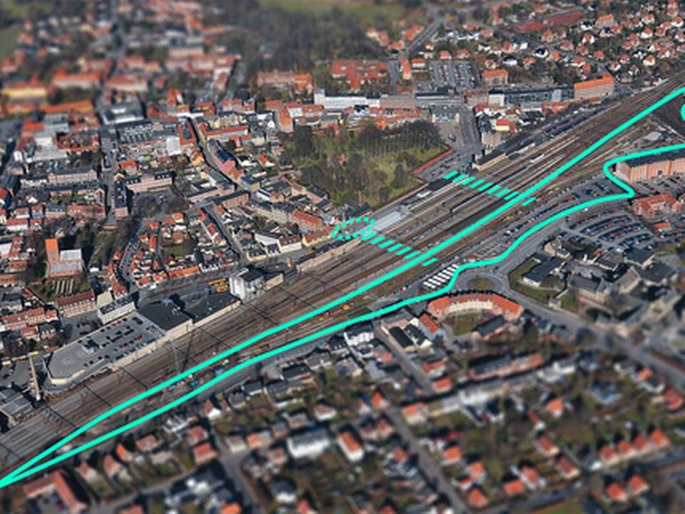 Luftfoto af hvor det storstilede byggeri af den nye bydel i Roskilde med navnet Ny Østergade skal ligge. | Foto: Roskilde Kommune