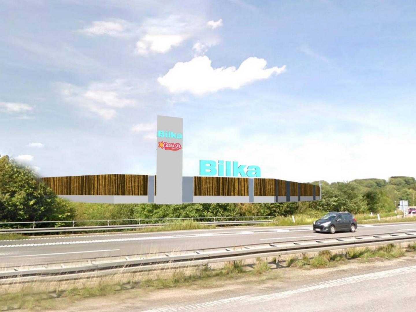Visualisering af det kommende butikscenter set fra Vestmotorvejen. | Foto: Illustration/Link Arkitektur.