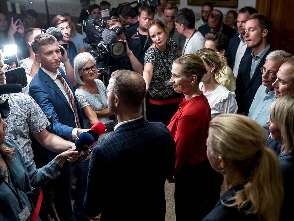 Mette Frederiksen fra Socialdemokratiet, Pia Olsen Dyhr fra SF, Pernille Skipper fra Enhedslisten og Morten Østergaard fra Radikale efter de afsluttede regeringsforhandlinger i Landstingssalen på Christiansborg, tirsdag 25. juni 2019. | Foto: Mads Claus Rasmussen/Ritzau Scanpix