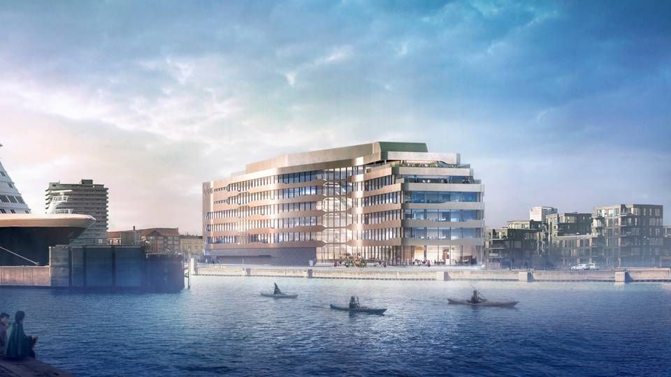 Den nye DFDS-bygning får udsigt il egen færgehavn, når det står færdigt i 2022. | Foto: Visualisering: PLH Arkitekter