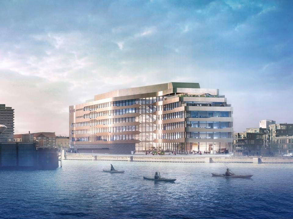 Rederiet DFDS' kommende domicil i Nordhavn i København, som NCC skal bygge for Pensiondanmark. Det skal efter planen bæredygtighedscertificeres i næsthøjeste kategori, guld, kun overgået af kategorien platin. | Foto: Visualisering: PLH Arkitekter