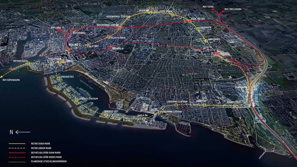 De gule linjer på kortet viser forslag til, hvor en kommende metro i Malmö kan gå. Længst til venstre i billedet er vist en afgrening mod København på den anden side af Øresund. Nederst til højre i billedet er vist den nuværende togforbindelse til Danmark. | Foto: PR-visualisering: Sweco