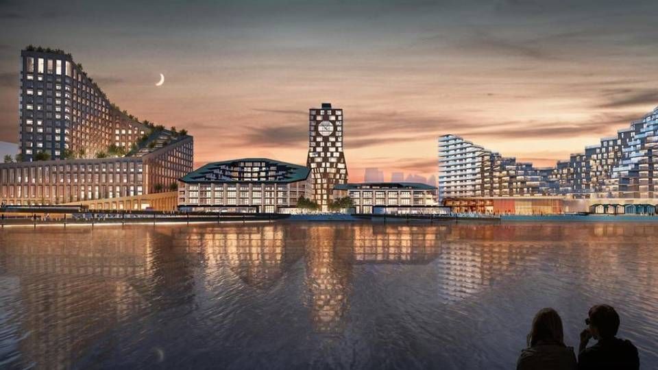 Kongreshotellet til venstre og i højre side ses boligbyggeriet på Aarhus Ø. | Foto: Illustration: Big og Sleth Arkitekter