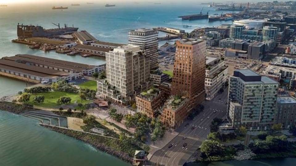Det danske arkitektfirma Henning Larsen skal stå bag en 13 etager høj bygning i det nye byområde på San Franciscos havn. | Foto: PR/Henning Larsen.