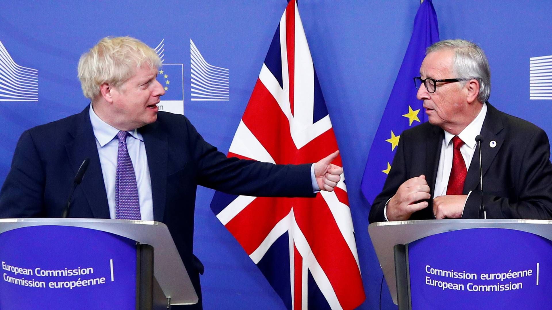 Boris Johnson og Jean-Claude Juncker kunne torsdag præsentere en ny brexit-aftale, men det er langt fra sikkert, at den britiske premierminister kan sikre opbakning i hjemlandet. | Foto: FRANCOIS LENOIR/REUTERS / X01164