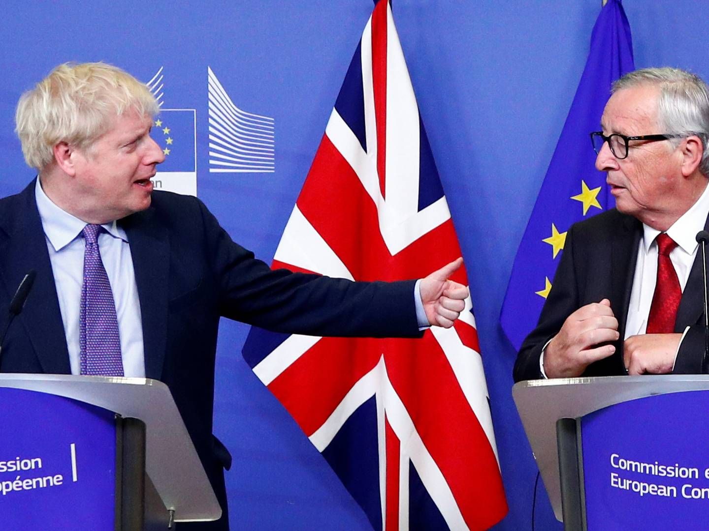 Boris Johnson og Jean-Claude Juncker kunne torsdag præsentere en ny brexit-aftale, men det er langt fra sikkert, at den britiske premierminister kan sikre opbakning i hjemlandet. | Foto: FRANCOIS LENOIR/REUTERS / X01164