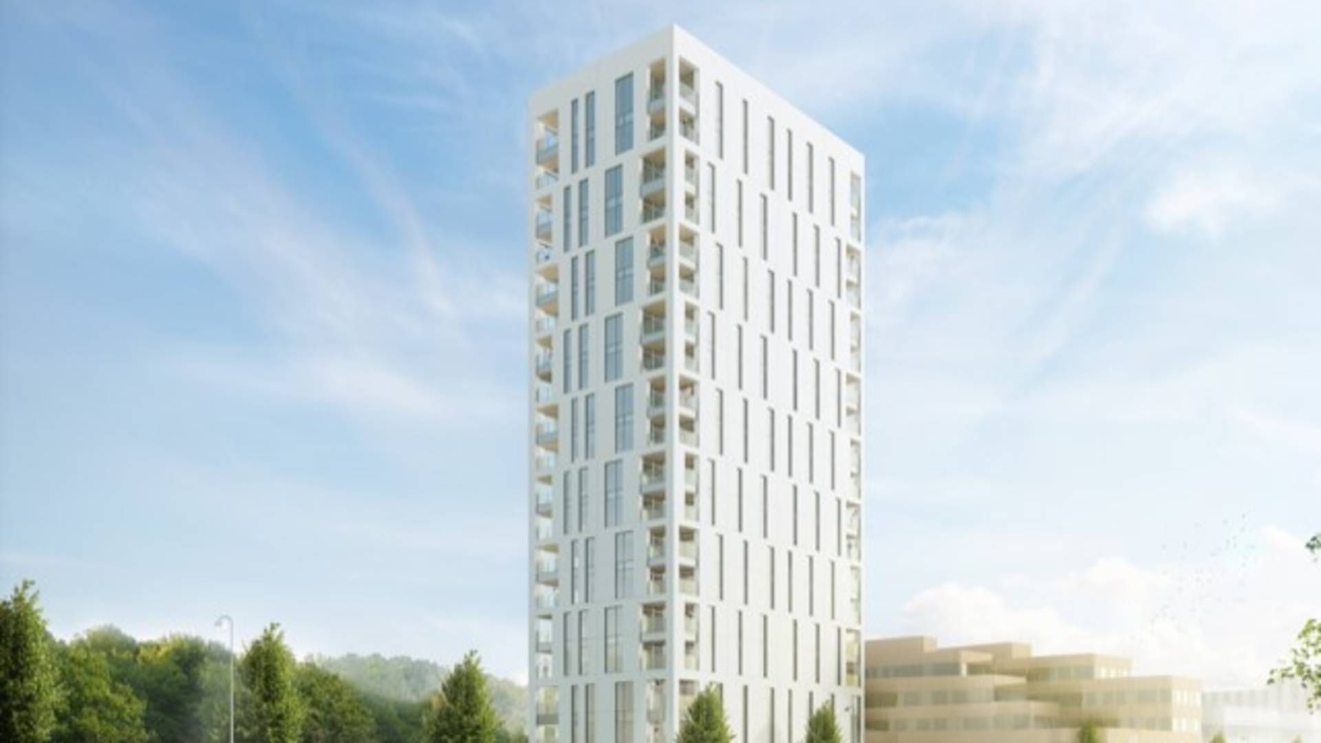 Det nye Kolding Sky skal stå færdigt i 2021 og indeholder 98 boliger med størelsen 74-157 kvm. | Foto: PR/Arkitema Architects