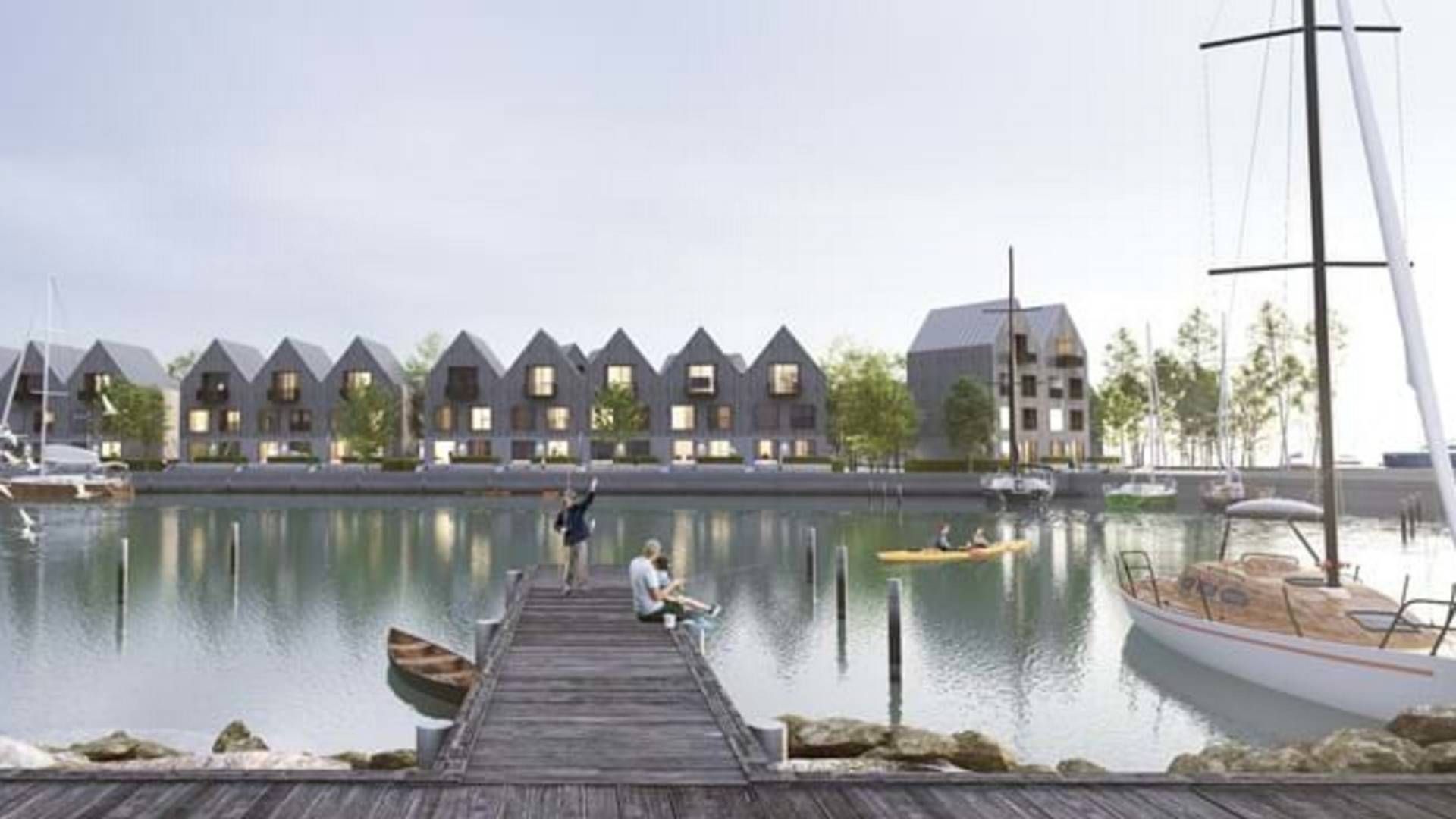 Den aarhusianske ejendomsudvikler Domis skal stå for byggeriet af den nye havnebydel Færgebyen i Hou. | Foto: Visualisering / Flæks Arkitekter