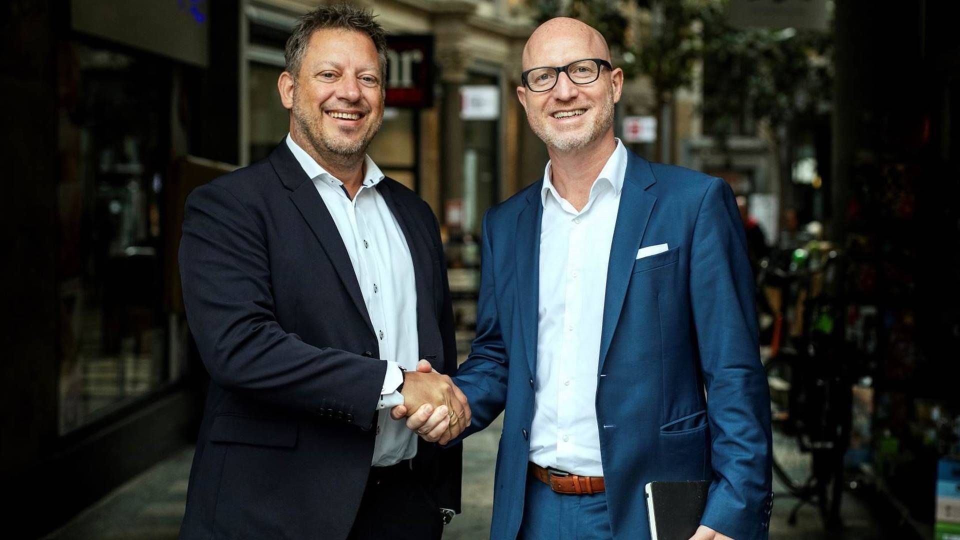 Exometric-direktør Nikolaj Pfeiffer (tv.) og Allan Kehlet Rieck, grundlægger af Truemarketvalue, vil samarbejde om ejendomsdata. | Foto: Exometric PR