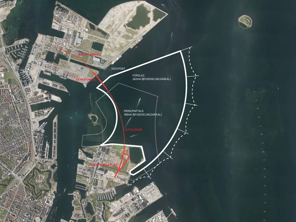 Planerne om havnetunnellen er et led i arbejdet med den kunstige ø Lynetteholmen, der skal ligge mellem Nordhavn og Refshaleøen i København. | Foto: By & Havn
