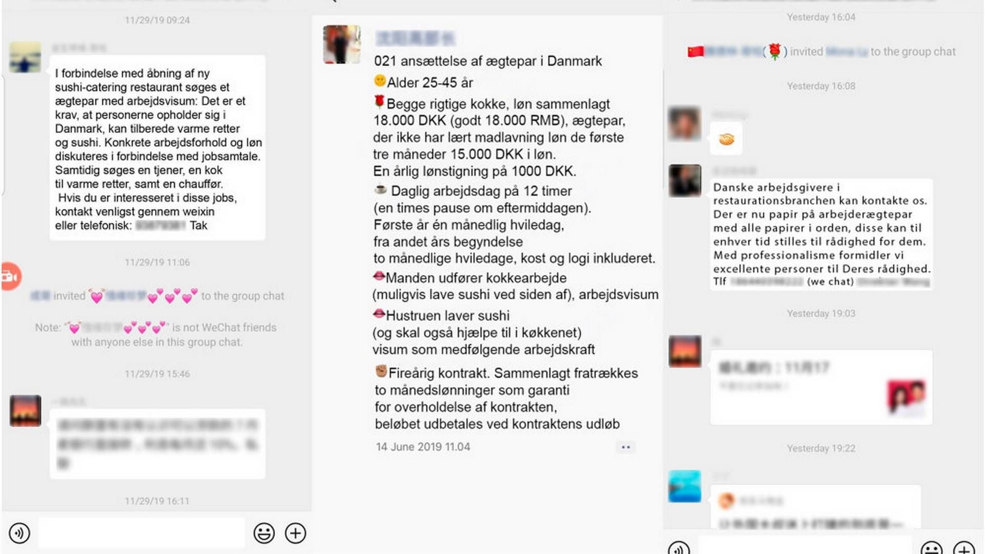 Myndighederne har i årevis haft mistanke om, at kinesiske restauranter snyder kokke ind i landet. På det kinesiske chatforum Wechat søger arbejdsgivere helt åbentlyst efter "arbejderægtepar". Her ses nogle af opslagene oversat fra kinesisk. | Foto: Grafik, Fagbladet 3F