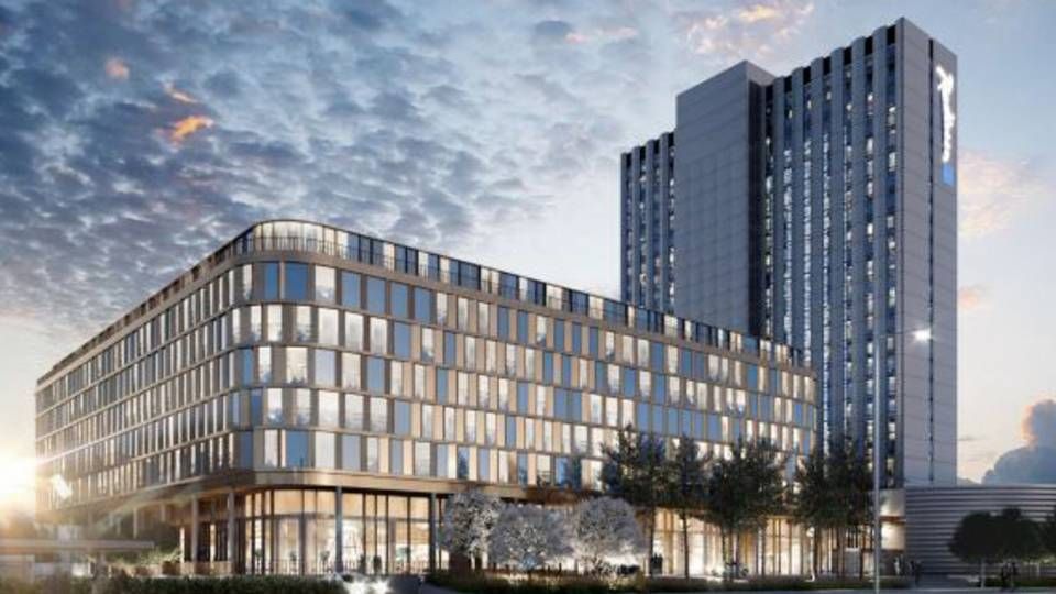 Sådan vil udvidelsen af Radisson Blu Scandinavia-hotellet på Amager se ud efter den planlagte tilbygning, der som en del af aftalen også vil rumme en daginstitution. | Foto: PR / PLH Arkitekter