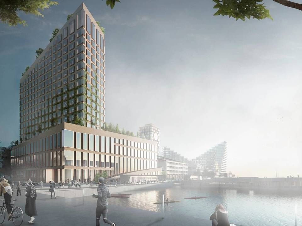 Hotellet og konferencecentret kommer til at ligge ud til Bassin 7 på Aarhus Ø, hvor der i dag allerede er etableret et havnebad. | Foto: Big / PR