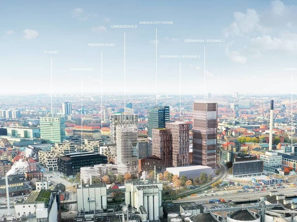 TR3-byggeriet på 70 meter (midt i billedet) bliver en del af den nye skyline for Aarhus. Til højre for TR3 ses tre andre nye højhuse i Sydhavnen med et kontorhus på 108 meter som det højeste. | Foto: Visualisering: Team Enggaard og Aarhus Kommune.