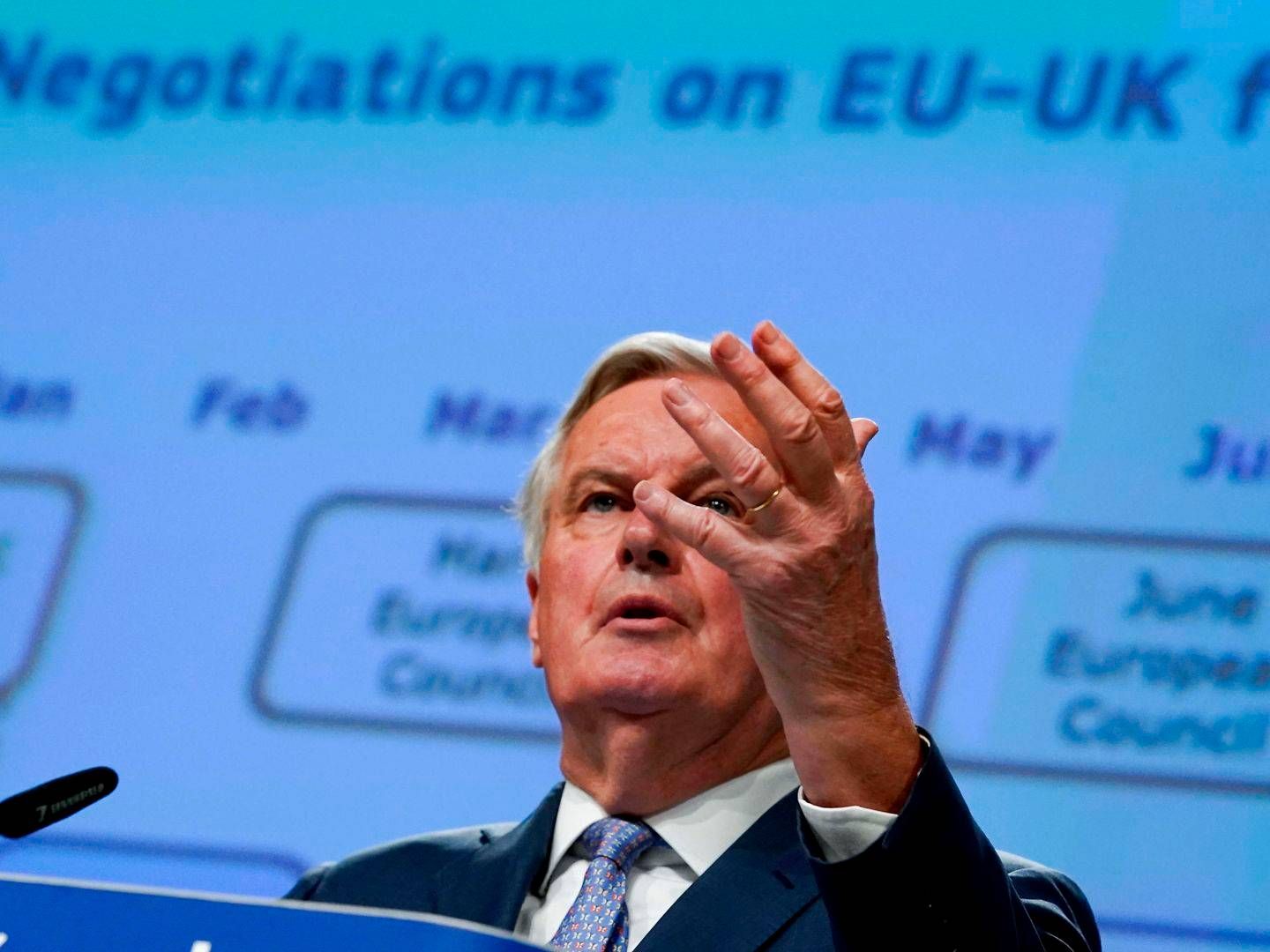 EU's chefforhandler, Michel Barnier, præsenterer EU's forhandlingsmandat til en handelsaftale med Storbritannien. | Foto: Kenzo Tribouillard/AFP/Ritzau Scanpix