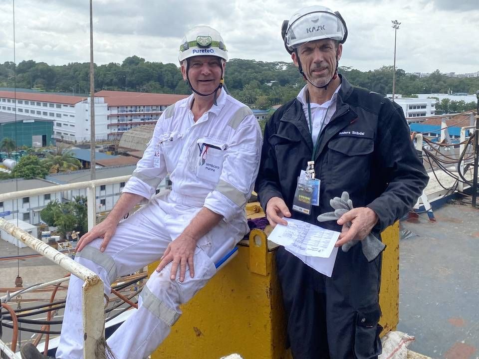 Pureteq CEO Anders Skibdal (right) at Singapore yard Sembcorp, where the company is currently installing scrubbers on a cruise ship. | Photo: Pureteq