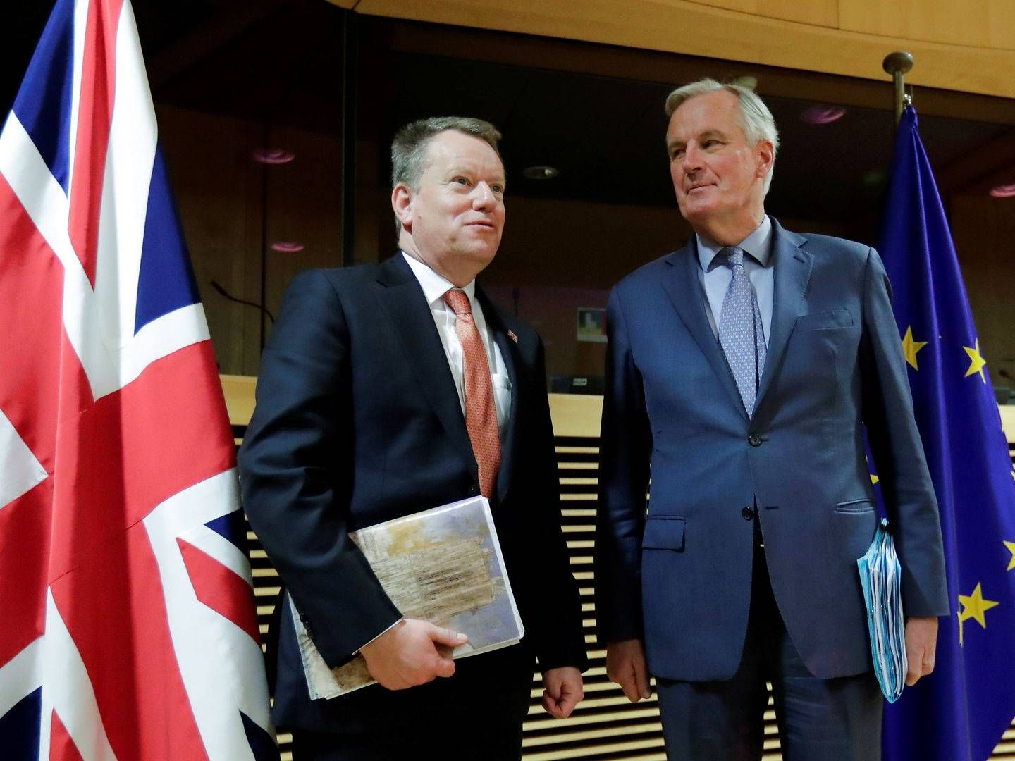 Storbritannies chefforhandler, David Frost, og EU's chefforhandler, Michel Barnier, mødtes til første forhandlingsrunde, inden EU blev ramt af coronakrisen. | Foto: Pool New/Reuters/Ritzau Scanpix