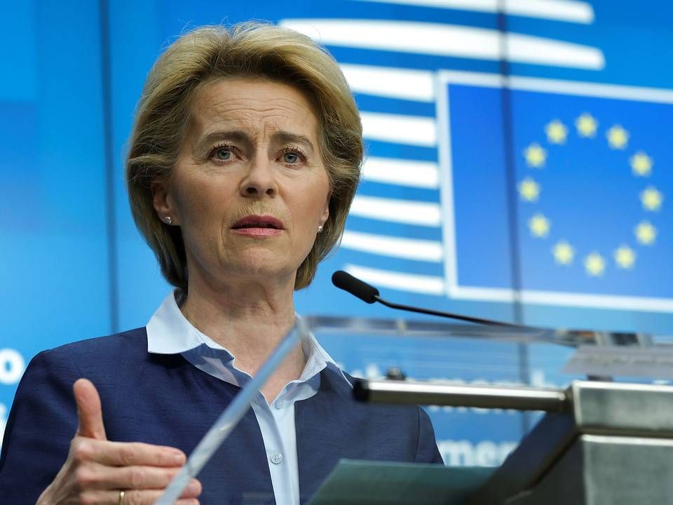 EU-Kommissionens formand, Ursula von der Leyen, skyder mandag kl. 15 et tilsagsnmaraton i gang, der skal samle 7,5 mia. euro sammen på én dag til at finde vaccine og behandling mod covid-19. | Foto: Pool/Reuters/Ritzau Scanpix