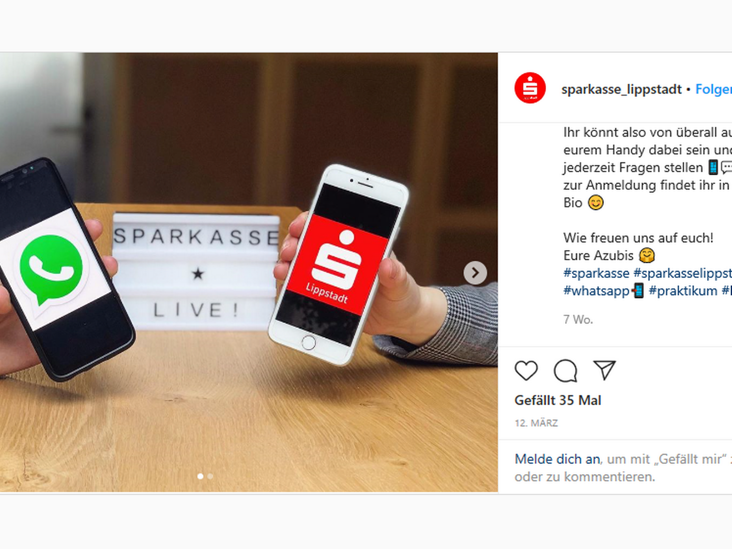 Die Einladung für das Praktikum ging auch via Instagram raus | Foto: Sparkasse Lippstadt