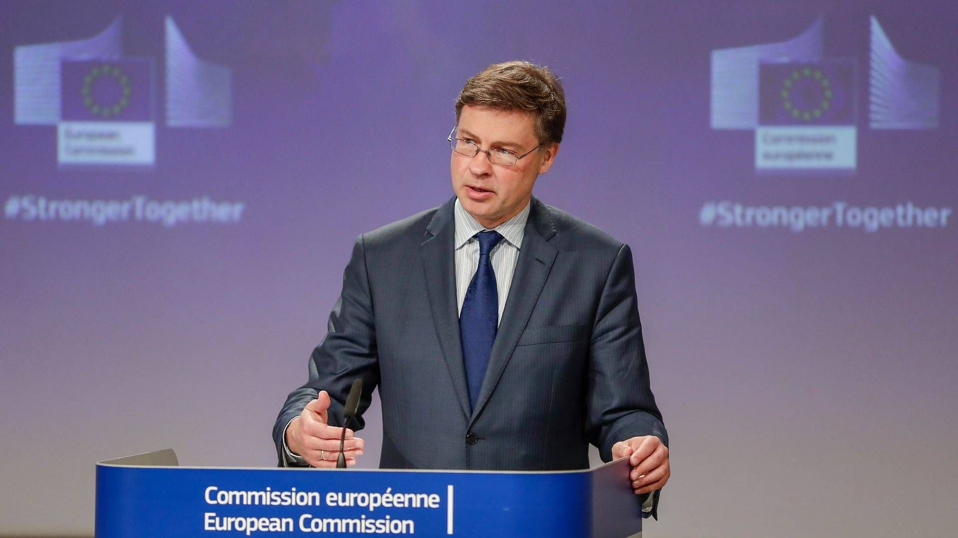 EU-Kommissær med ansvar for det finansielle område, Valdis Dombrovskis, fremlægger torsdag kommissionens planer for bekæmpelse af hvidvask. | Foto: Stephanie Lecocq/AFP/Ritzau Scanpix