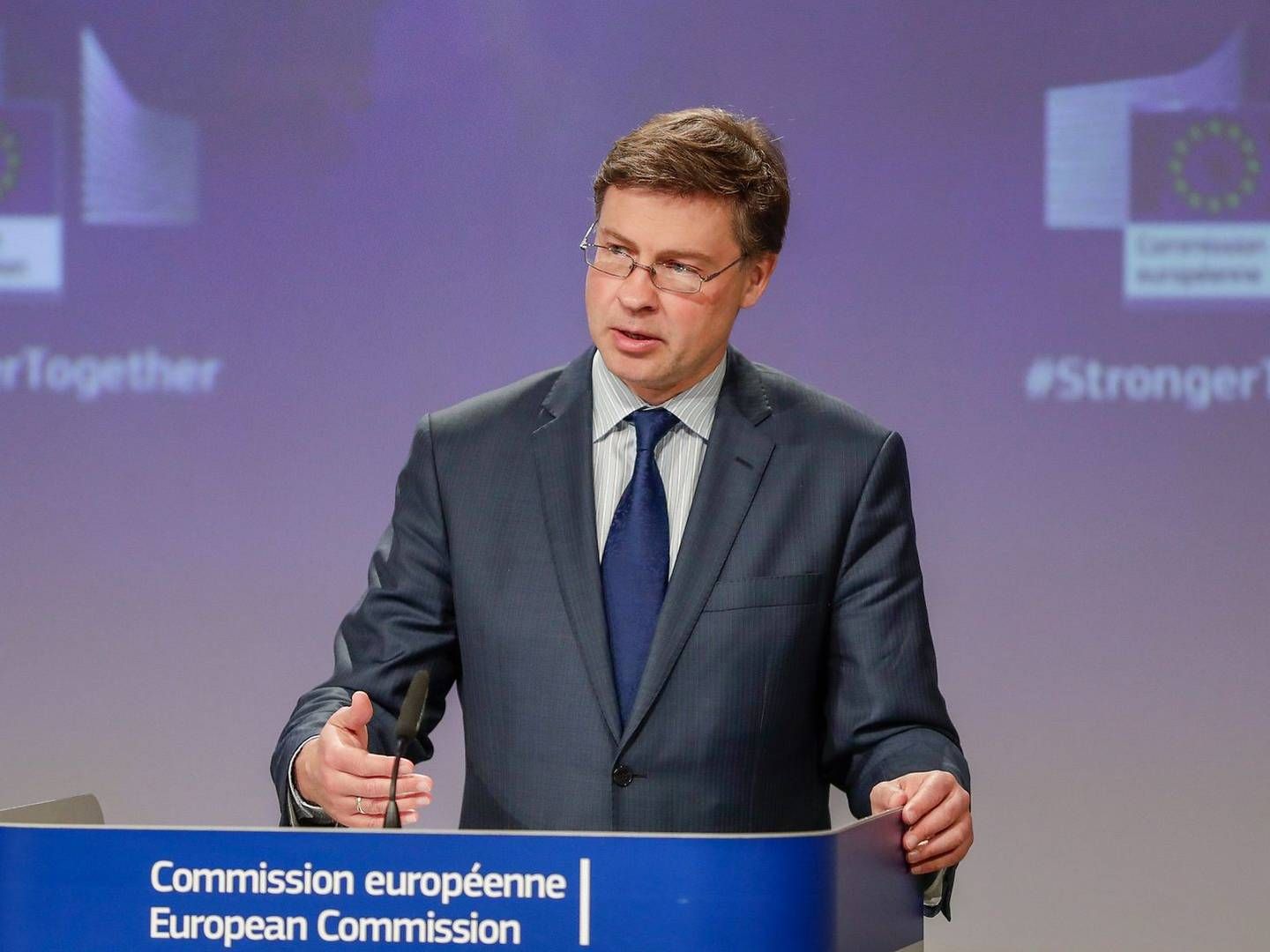 EU-Kommissær med ansvar for det finansielle område, Valdis Dombrovskis, fremlægger torsdag kommissionens planer for bekæmpelse af hvidvask. | Foto: Stephanie Lecocq/AFP/Ritzau Scanpix