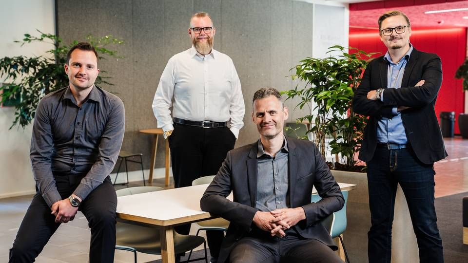 Fra venstre: CTO Kenni Lund, COO Claus Vesthammer, bestyrelsesformand Ulf Munkedal og CEO Jakob Heidelberg. | Foto: PR