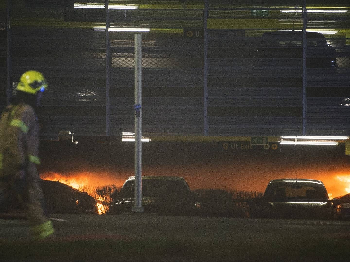 Sola 7. januar 2020. Brann i parkeringshuset på Stavanger lufthavn Sola Foto: Carina Johansen / NTB scanpix