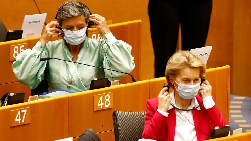 EU-Kommissionens formand, Ursula von der Leyen, og næstformand Margrethe Vestager fremlagde onsdag en stor genopretningsplan i Europa-Parlamentet. | Foto: Johanna Geron/Reuters/Ritzau Scanpix