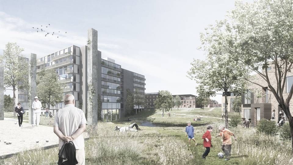 Illustration fra sygehusgrunden i Holstebro, hvor et af forslagene fra Vandkunsten handler om at bibeholde sengetårnet i udviklingen af den store grund til en ny bydel i Holstebro. | Foto: PR / Vandkunsten