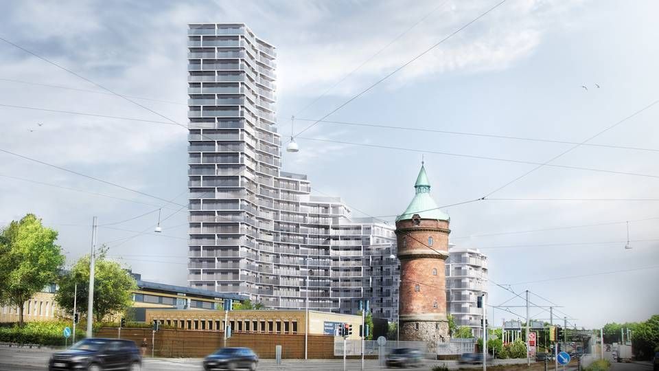 Aberdeen-projektet på Randersvej i den nordlige del af Aarhus skal stå klar i 2023 og rumme 650 boliger. Det bliver 94 meter højt. | Foto: Visualisering / Arkitema Architects