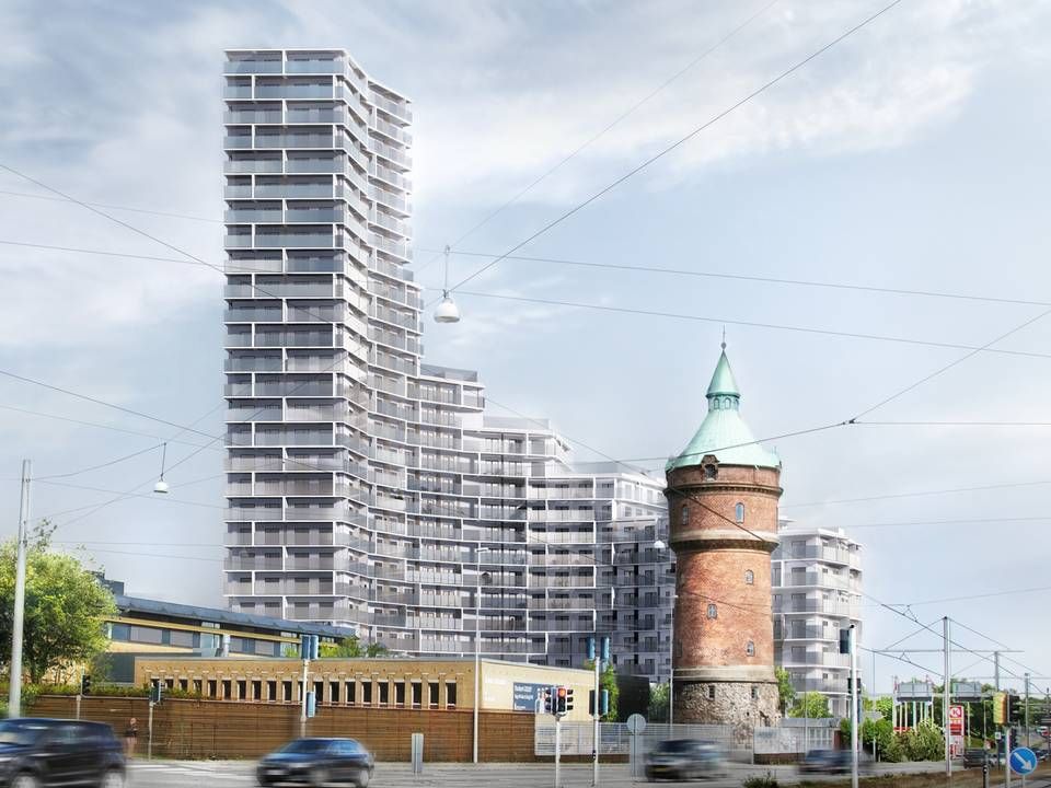 Aberdeen-projektet på Randersvej i den nordlige del af Aarhus skal stå klar i 2023 og rumme 650 boliger. Det bliver 94 meter højt. | Foto: Visualisering / Arkitema Architects