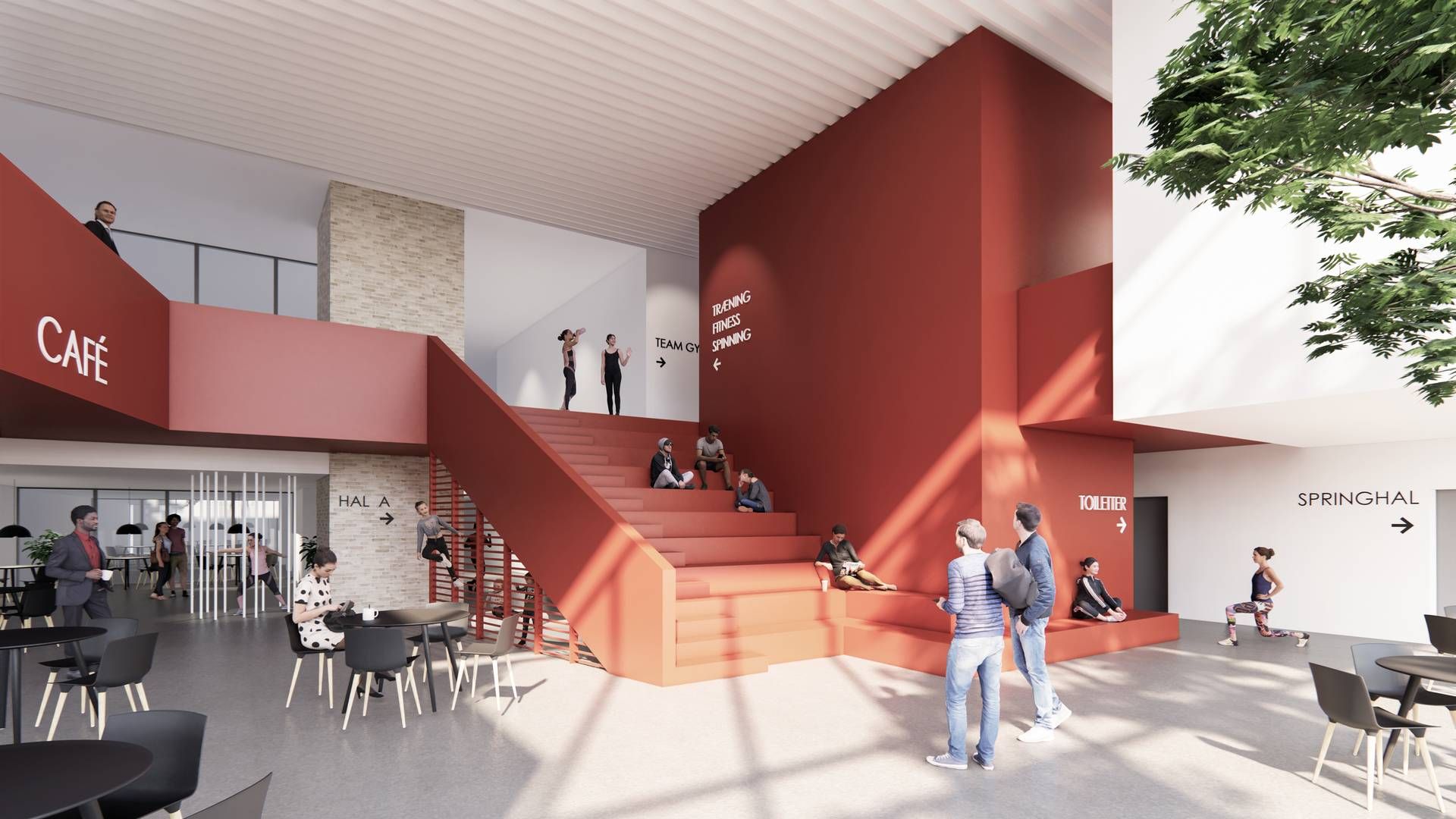 Visualiseringen fra P+P Arkitekter viser foyeren i det nye idrætscenter. | Foto: Visualisering fra P+P Arkitekter