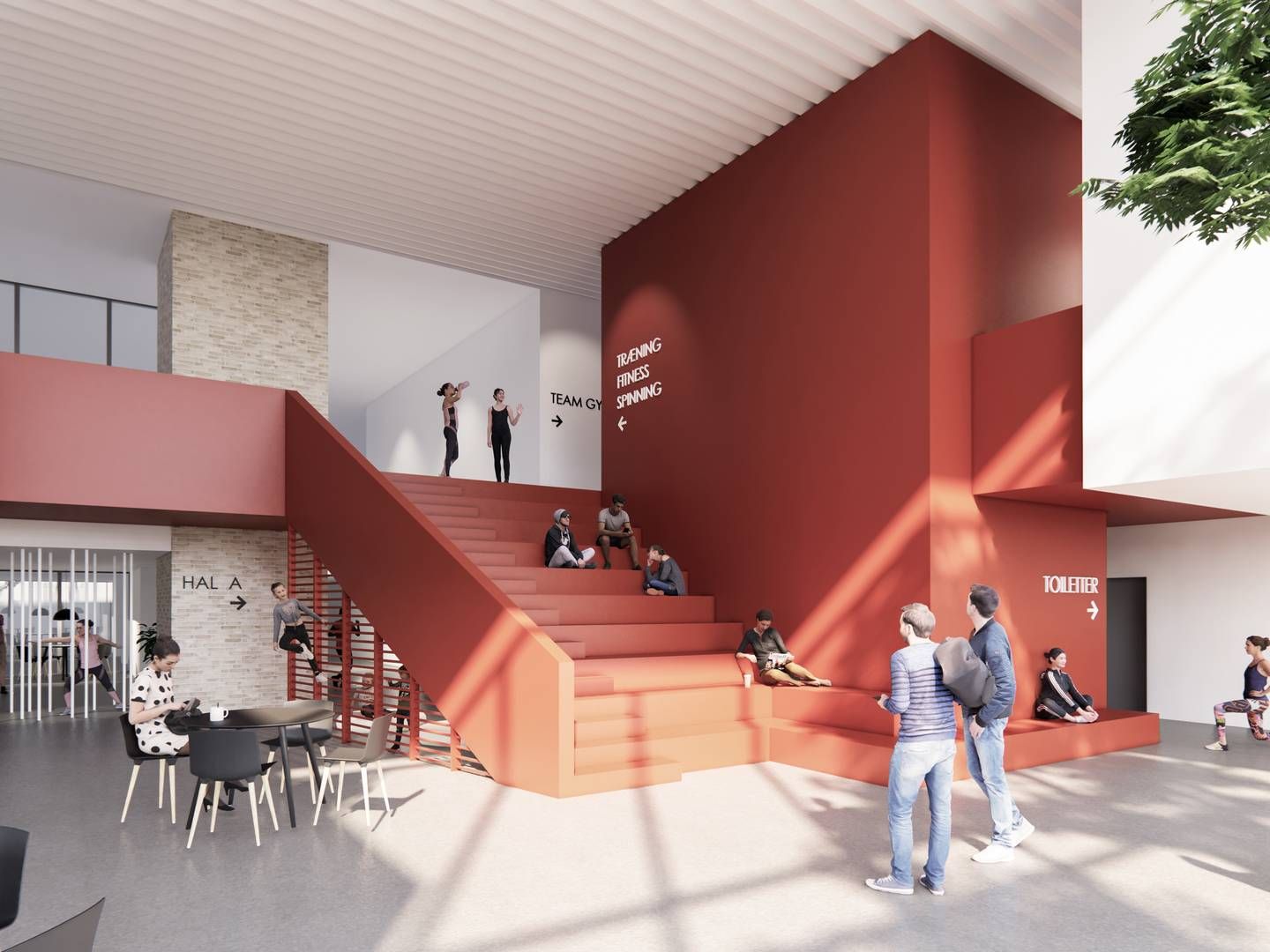 Visualiseringen fra P+P Arkitekter viser foyeren i det nye idrætscenter. | Foto: Visualisering fra P+P Arkitekter