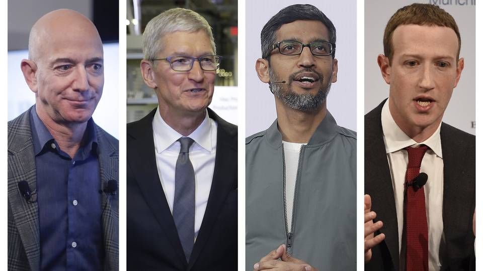 De fire mektige topplederne Jeff Bezos (Amazon), Tim Cook (Apple), Sundar Pichai (Google) og Mark Zuckerberg (Facebook) skal forklare seg for Kongressen onsdag. | Foto: AP Photo/Pablo Martinez Monsivais, Evan Vucci, Jeff Chiu, Jens Meyer/NTB scanpix