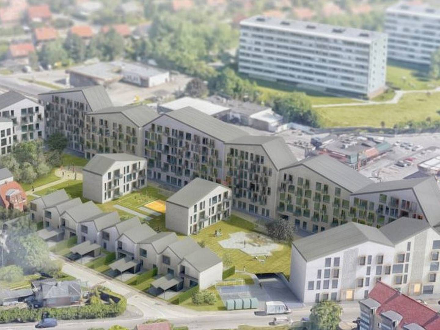 171 private boliger, 15 rækkehuse og 31 almene boliger indgår i projektet, der ligger ud til Randersvej i Aarhus. | Foto: PR-visualisering: Eriksen Arkitekter