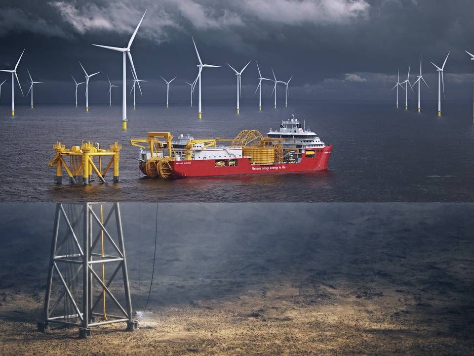 Illustration of Nexans vessel Aurora installing cables at a wind farm. | Photo: PR / Nexans