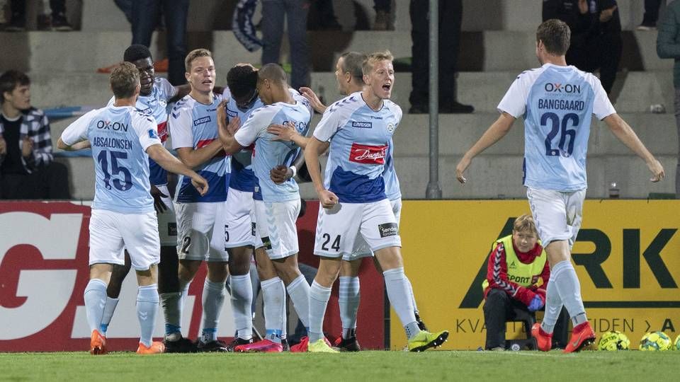 Sønderjyske jubler efter mål til 2-0 mod FC Midtjylland fredag 11. september. | Foto: Claus Fisker/Ritzau Scanpix