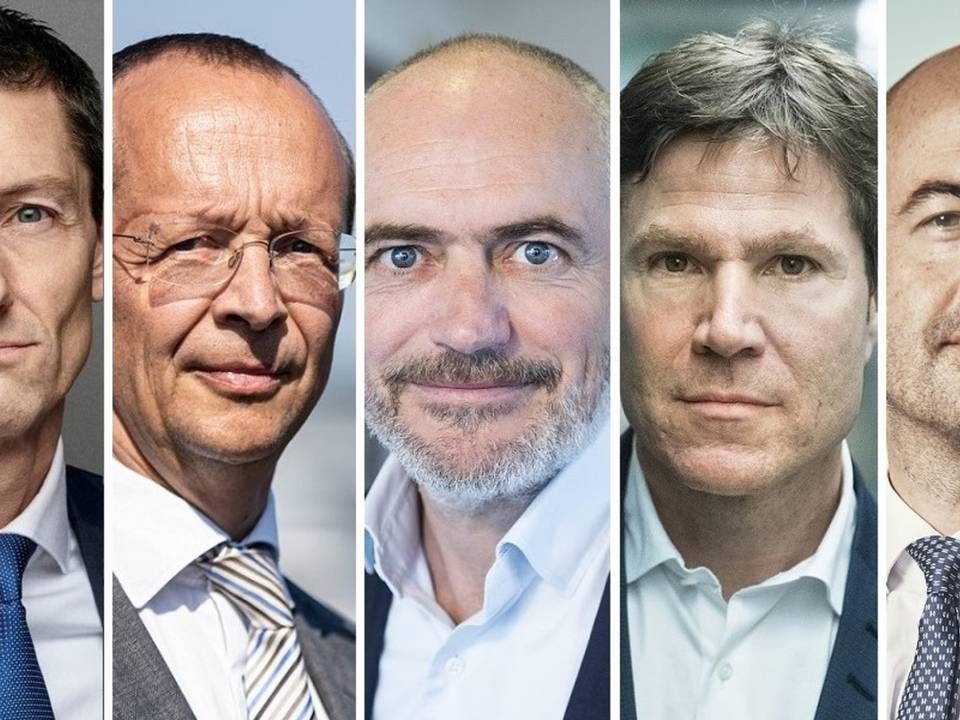 Fra venstre: Niels Bang, formand for Gorrissen Federspiel, Anders Stubbe Arndal, ledende partner i Kromann Reumert, Steen Rode, ledende partner i Bech-Bruun, Jens Bødtcher-Hansen, ledende partner i Kammeradvokaten, og Niklas Korsgaard Christensen, kommende ledende partner i Plesner. | Foto: PR/Nikolai Linares/Jeppe Carlsen