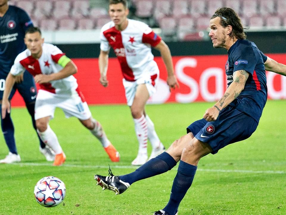 FC Midtjylland vandt onsdag aften 4-1 over Slavia Prague og har dermed kvalificeret sig til gruppespillet i Champions League. Alexander Scholz scorede til 2-1 på straffespark. | Foto: Henning Bagger/Ritzau Scanpix