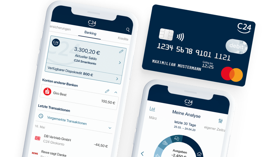 C24 Bank App mit Multibanking und Ausgabenanalyse sowie die Mastercard des C24 Smartkontos. | Foto: C24