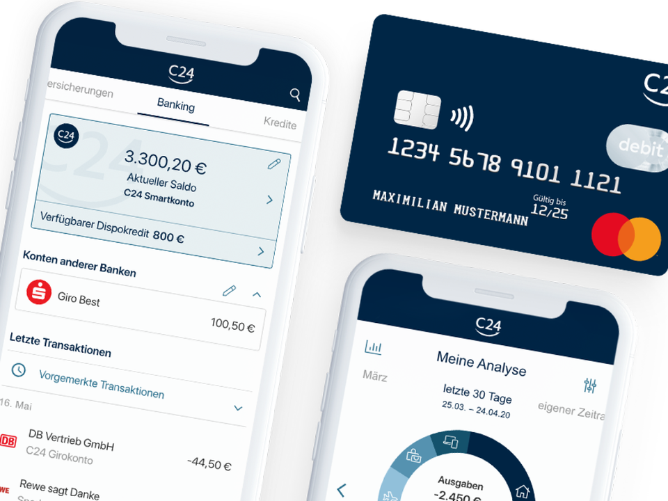 C24 Bank App mit Multibanking und Ausgabenanalyse sowie die Mastercard des C24 Smartkontos. | Foto: C24